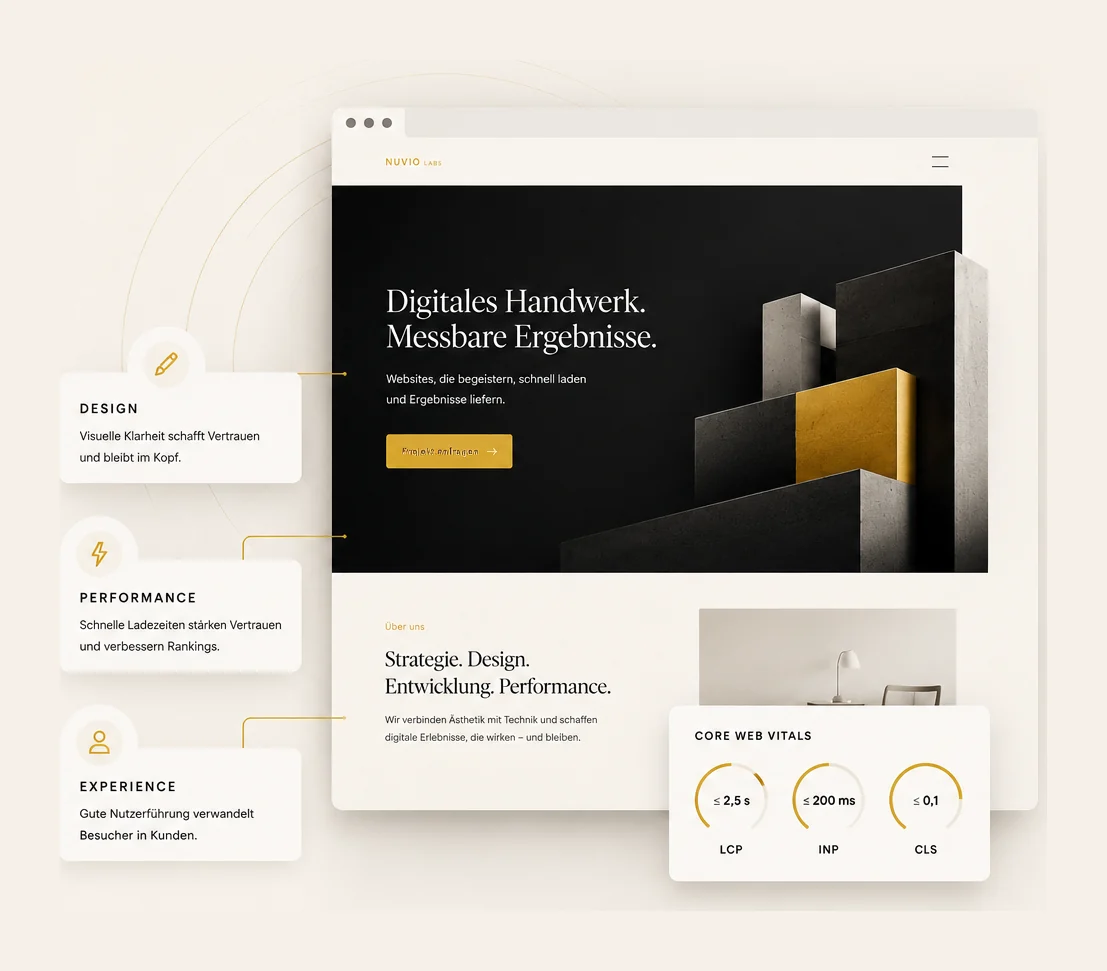Website-Entwurf im Browser, daneben drei Karten für Design, Performance und Experience sowie eine Übersicht der Core Web Vitals mit LCP 2,5 s, INP 200 ms und CLS 0,1.